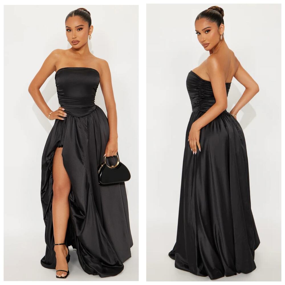 NWT Fashion Nova Black Carmen Strapless Satin Gown Size Small Drop Waist Formal